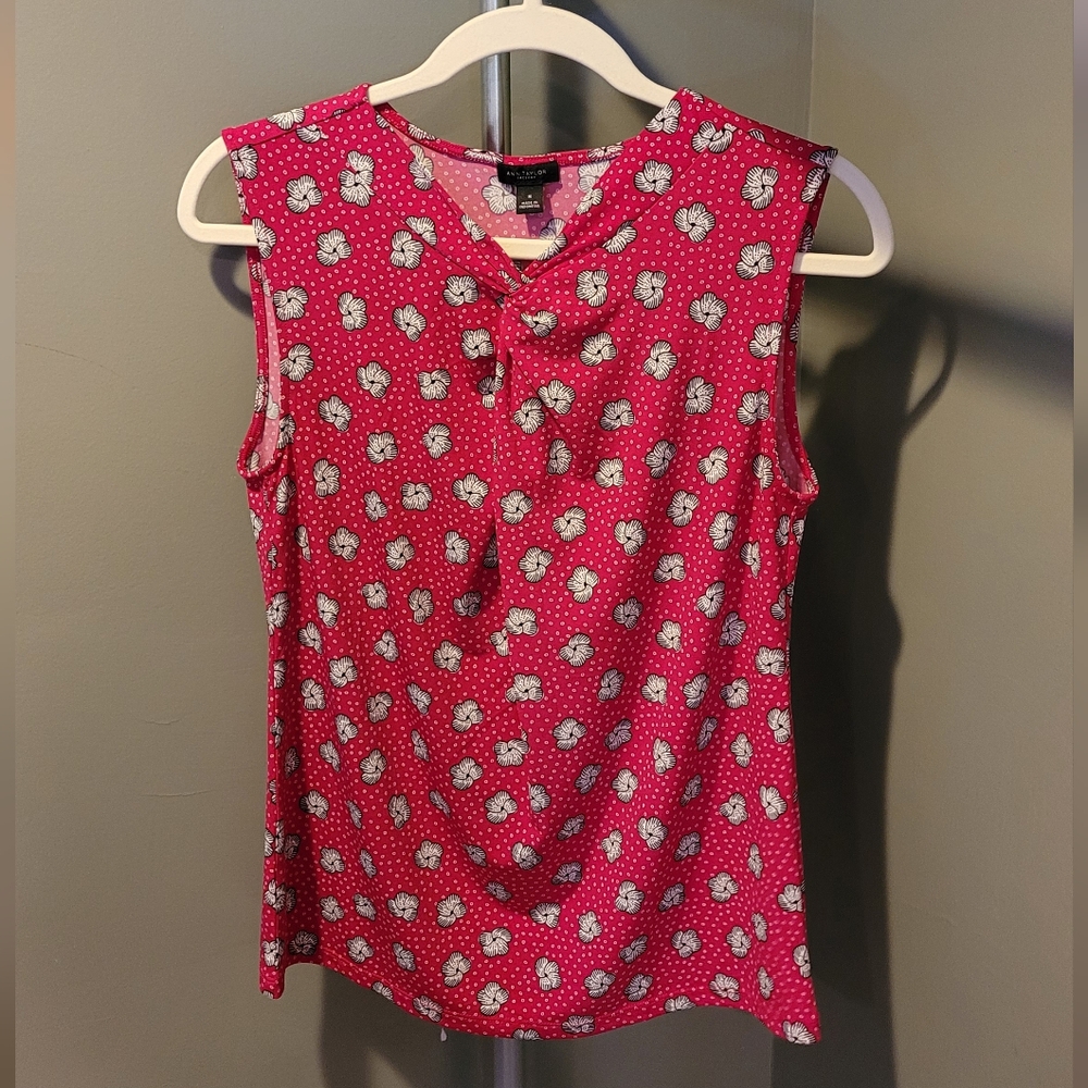 Ann‎ Taylor Sleeveless Blouse Knot Front Floral Print, Size M, Pink Black White